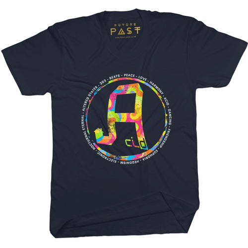 Warped A For Acid T-Shirt / Navy - Future Past Clothing